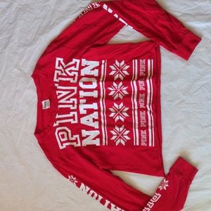 VS PINK Pink Nation Red Cropped Christmas Long Sleeve T Shirt Size Medium